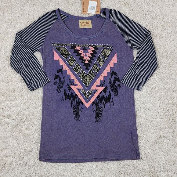 Cowgirl Legend Knit Tshirt Womens Large Purple Aztec Embellished Western Top - Picture 1 of 11